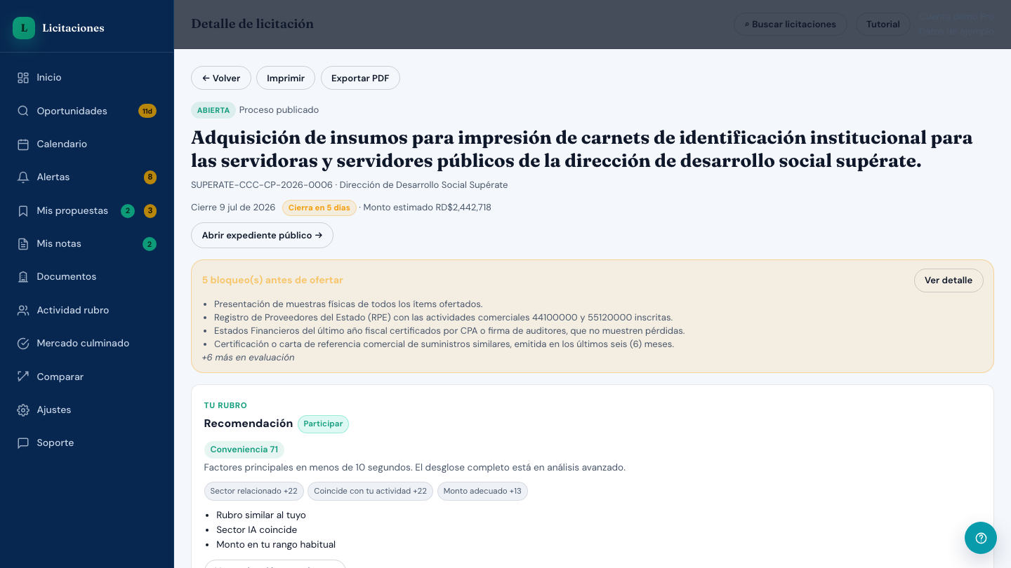 Captura real del detalle de una licitación con código SUPERATE-CCC-CP-2026-0006, monto estimado, bloqueos y recomendación